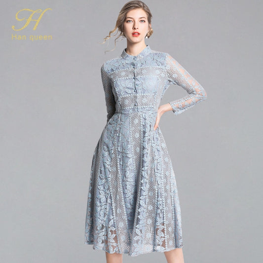 H Han Queen New Arrival 2019 Spring Lace Dress Fashion Vintage Floral Hollow Out Luxury Elegant Slim Women Evening Party Dresses