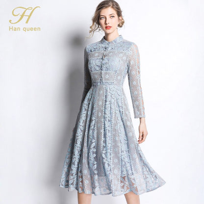 H Han Queen New Arrival 2019 Spring Lace Dress Fashion Vintage Floral Hollow Out Luxury Elegant Slim Women Evening Party Dresses