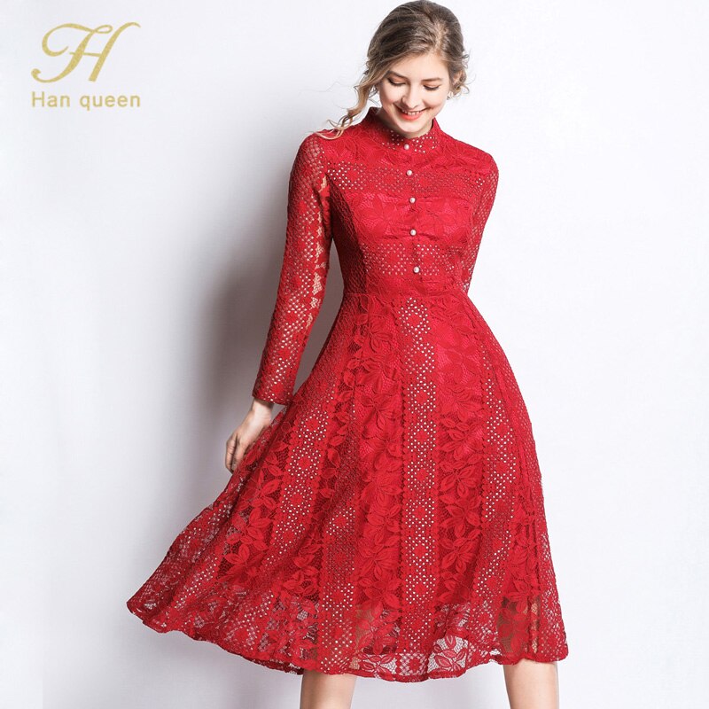 H Han Queen New Arrival 2019 Spring Lace Dress Fashion Vintage Floral Hollow Out Luxury Elegant Slim Women Evening Party Dresses