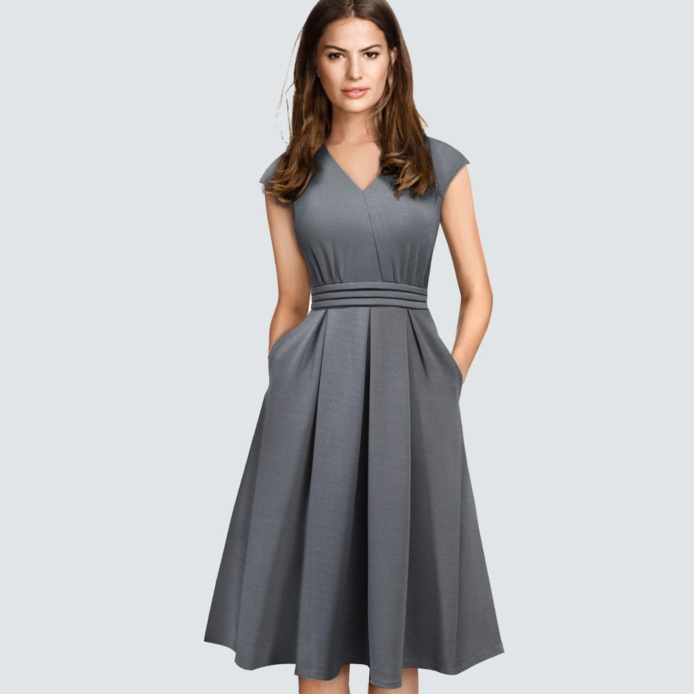 Spring Elegant Casual Brief Design V-Neck A-Line Vintage Side pocket Modern Dress HA196