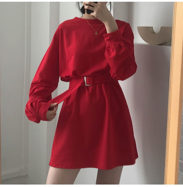 New Spring Autumn Dress Women With Belt Red Korean Dresses Woman Long Sleeve Solid Casual Short Dress Vestidos Mujer Robes