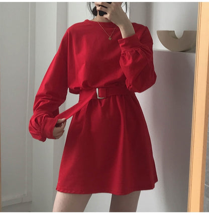 New Spring Autumn Dress Women With Belt Red Korean Dresses Woman Long Sleeve Solid Casual Short Dress Vestidos Mujer Robes