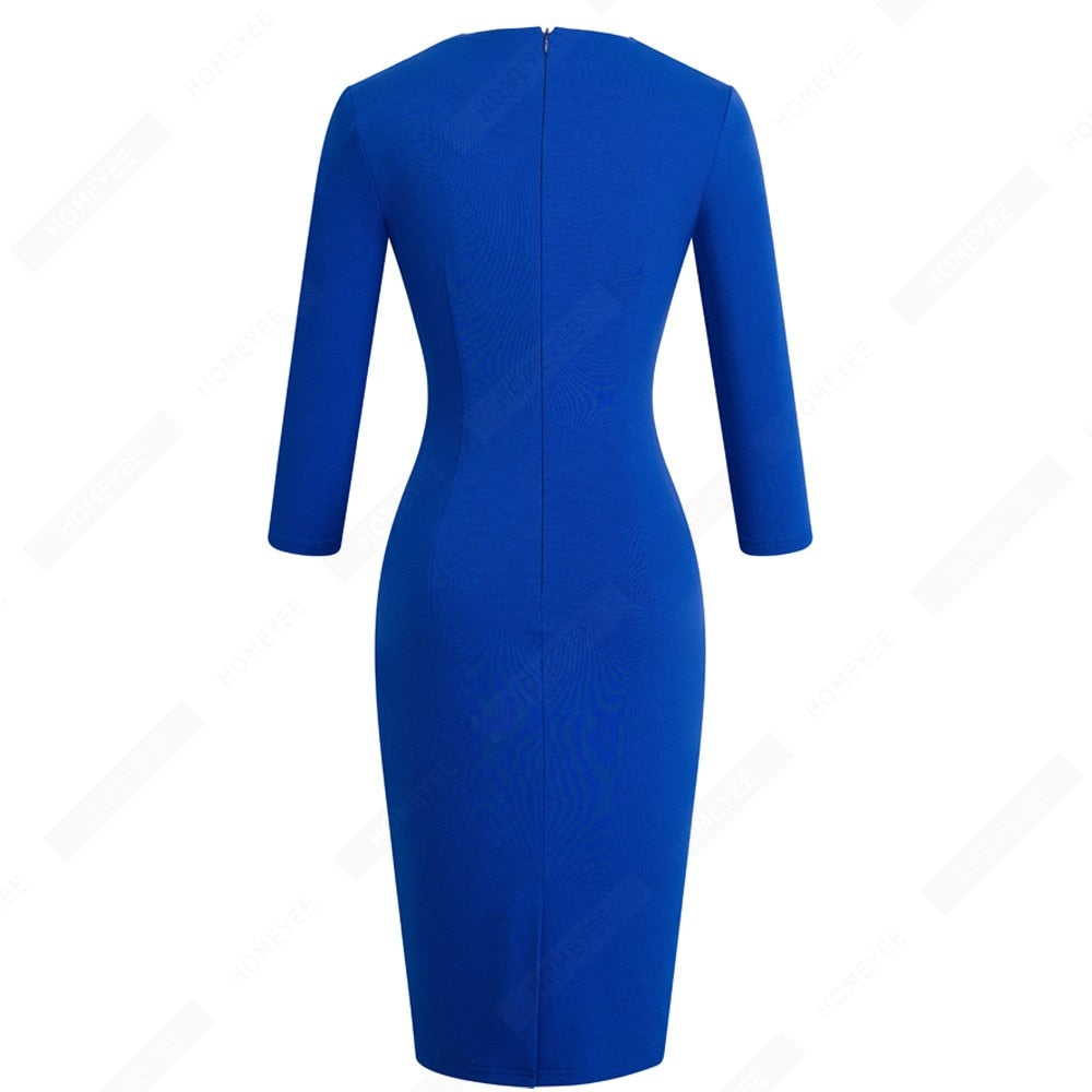 Women Elegant Patchwork Belted Work Bodycon V Neck Contrast Fashion Office Lady Dress EB414
