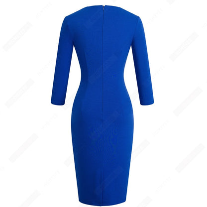 Women Elegant Patchwork Belted Work Bodycon V Neck Contrast Fashion Office Lady Dress EB414
