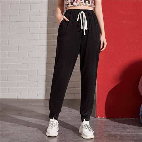 SHEIN Light Grey Knot Waist Slant Pocket Pants Women Summer Elastic Waist Ladies Casual Sporting Cropped Trousers Sweatpants