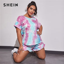 Load image into Gallery viewer, SHEIN Plus Size Tie Dye Round Neck Tee and Frill Trim Shorts Pajama Sets Women Summer Sleepwear Loungewear Casual Plus PJ Set
