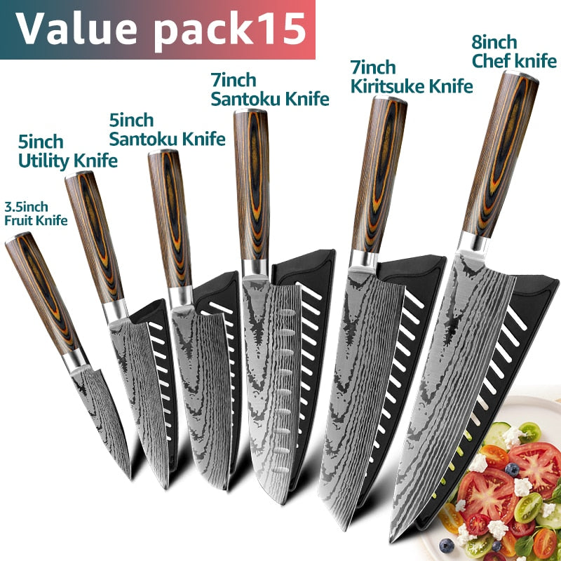 Kitchen knife Japanese Chef Knives 7CR17 440C Stainless Steel Imitation Damascus Knife Meat Cleaver Slicer Santoku Cutter Set