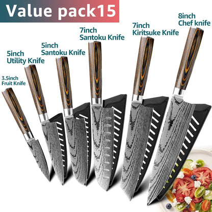 Kitchen knife Japanese Chef Knives 7CR17 440C Stainless Steel Imitation Damascus Knife Meat Cleaver Slicer Santoku Cutter Set