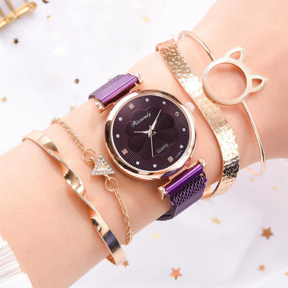 Elegant Lady Watches Bralcet Gift Wristwatch for Women 5 PCS Set Casual Fashion Rose Gold Female Wristwatch Gift