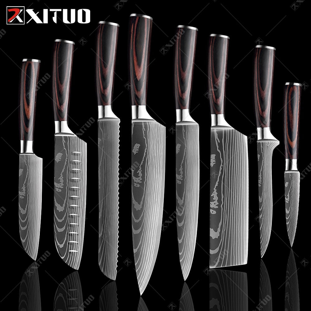 XITUO 8"inch japanese kitchen knives Laser Damascus pattern chef knife Sharp Santoku Cleaver Slicing Utility Knives tool EDC New