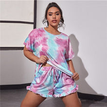 Load image into Gallery viewer, SHEIN Plus Size Tie Dye Round Neck Tee and Frill Trim Shorts Pajama Sets Women Summer Sleepwear Loungewear Casual Plus PJ Set
