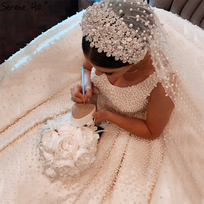 Serene Hill White Sleeveless Sexy Wedding Dresses 2020 Dubai Pearls Beading Lace Up Bridal Gowns HA2432 Custom Made