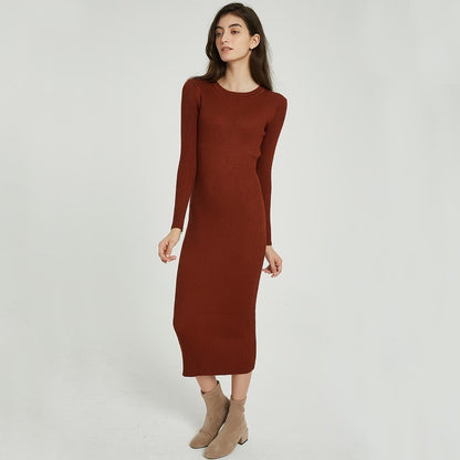Wixra Women Sweater Dress All Base Match Slim Female O-neck Full Sleeve Mid-calf Knit Dresses Ladies 2019 Autumn Winter