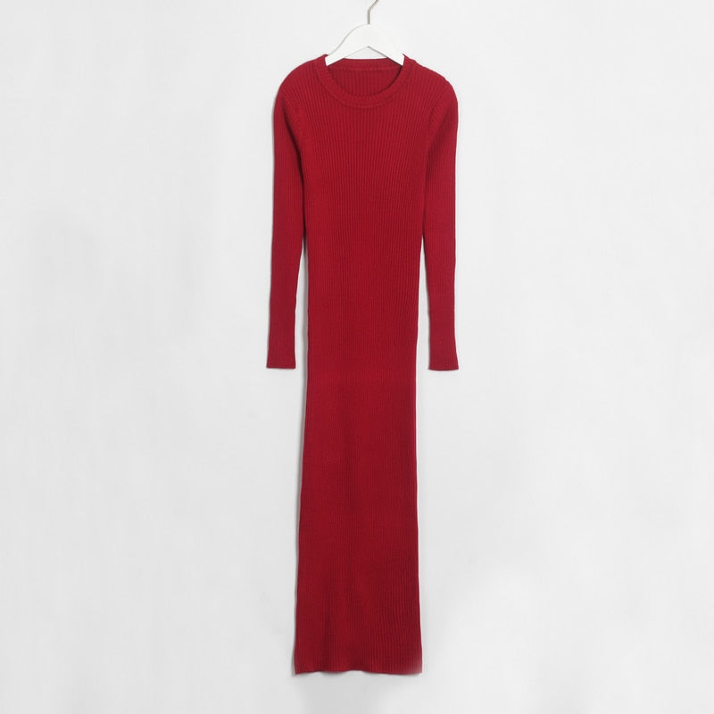 Wixra Women Sweater Dress All Base Match Slim Female O-neck Full Sleeve Mid-calf Knit Dresses Ladies 2019 Autumn Winter