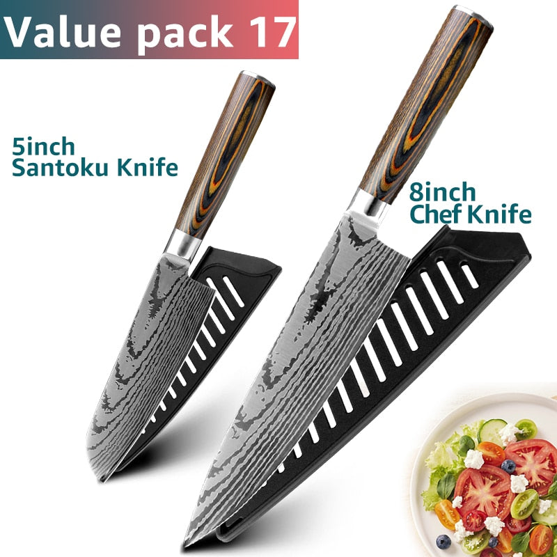 Kitchen knife Japanese Chef Knives 7CR17 440C Stainless Steel Imitation Damascus Knife Meat Cleaver Slicer Santoku Cutter Set