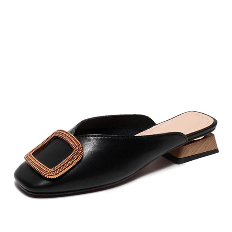 Women Summer Slip On PU Slippers Ladies Square Toe Cone Heels Slipper Woman Fashion Metal Decoration Casual Female Party Sandal