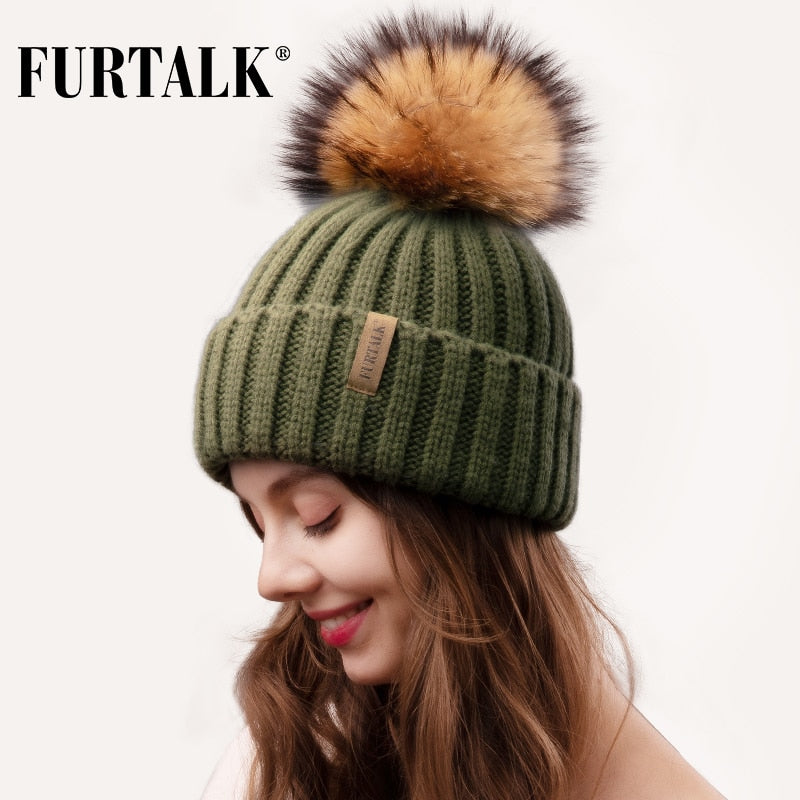Furtalk Real Fur pompom Beanie Hat Women Winter Knitted Hat Warm Real Big Raccoon Pom Pom Hat for Female