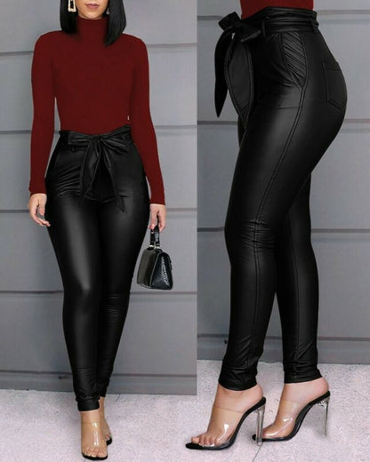Hirigin Belt High Waist Pencil Pant Women Faux Leather PU Sashes Long Trousers Casual Sexy Exclusive Design Fashion Pants