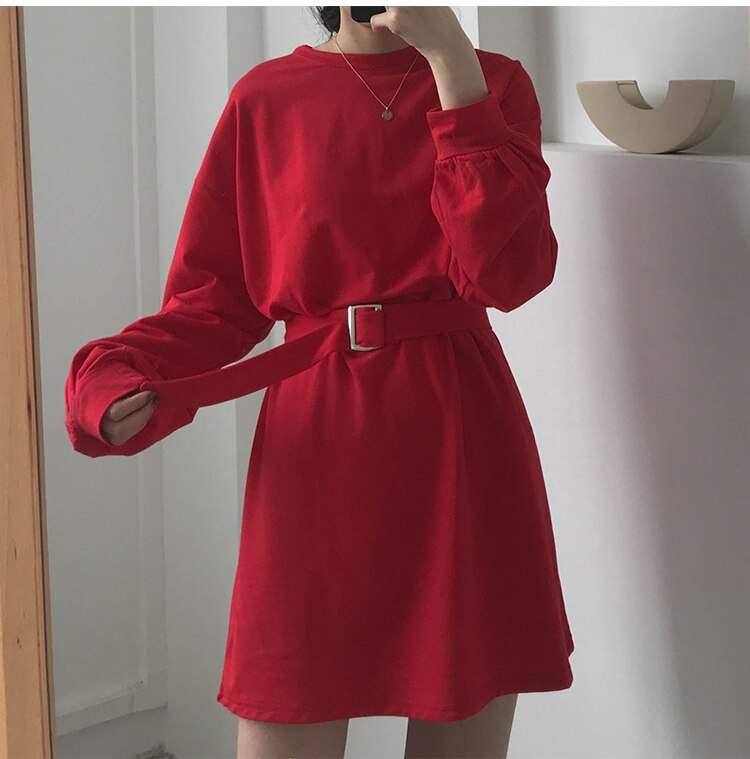 New Spring Autumn Dress Women With Belt Red Korean Dresses Woman Long Sleeve Solid Casual Short Dress Vestidos Mujer Robes