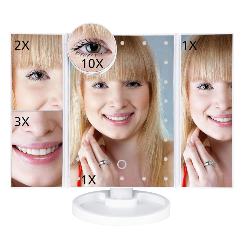 Makeup Mirror LED Touch Screen 22 Light Table Desktop Makeup 1X/2X/3X/10X Magnifying Mirrors Vanity 3 Folding Adjustable Mirror