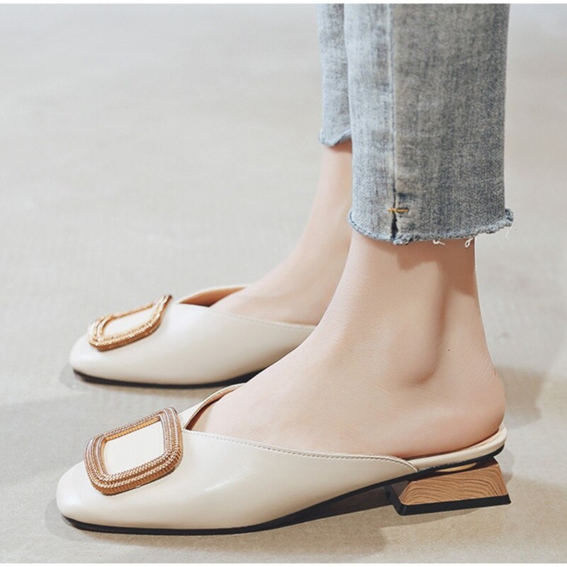 Women Summer Slip On PU Slippers Ladies Square Toe Cone Heels Slipper Woman Fashion Metal Decoration Casual Female Party Sandal
