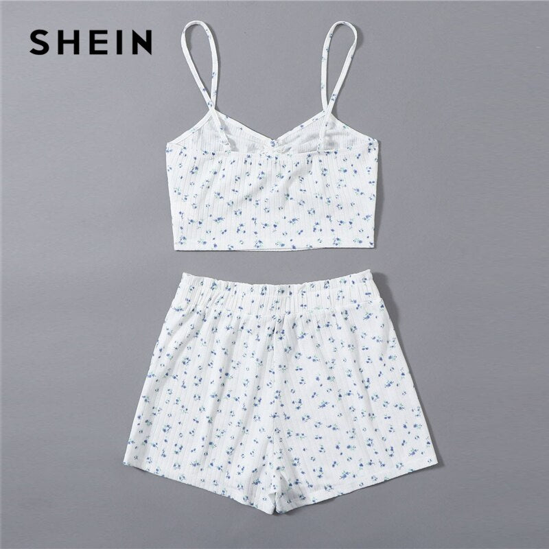 SHEIN White Ruched Knot Front Ditsy Floral Crop Cami Top and Shorts PJ Set Women Summer Rib-Knit Sleepwear Casual Pajama Sets