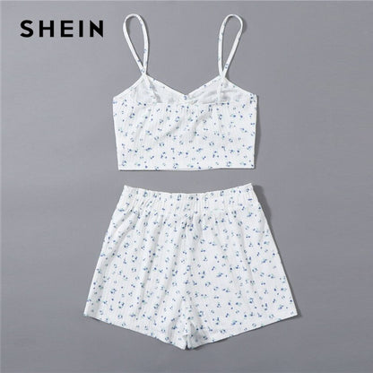 SHEIN White Ruched Knot Front Ditsy Floral Crop Cami Top and Shorts PJ Set Women Summer Rib-Knit Sleepwear Casual Pajama Sets