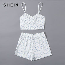 Charger l&#39;image dans la galerie, SHEIN White Ruched Knot Front Ditsy Floral Crop Cami Top and Shorts PJ Set Women Summer Rib-Knit Sleepwear Casual Pajama Sets
