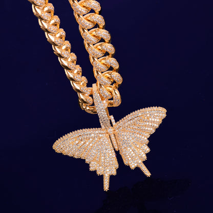 With 14MM Cuban Chain Gold Color Animal butterfly Pendant Necklace Bling AAA Zircon Men's Hip Hop Jewelry For Gift