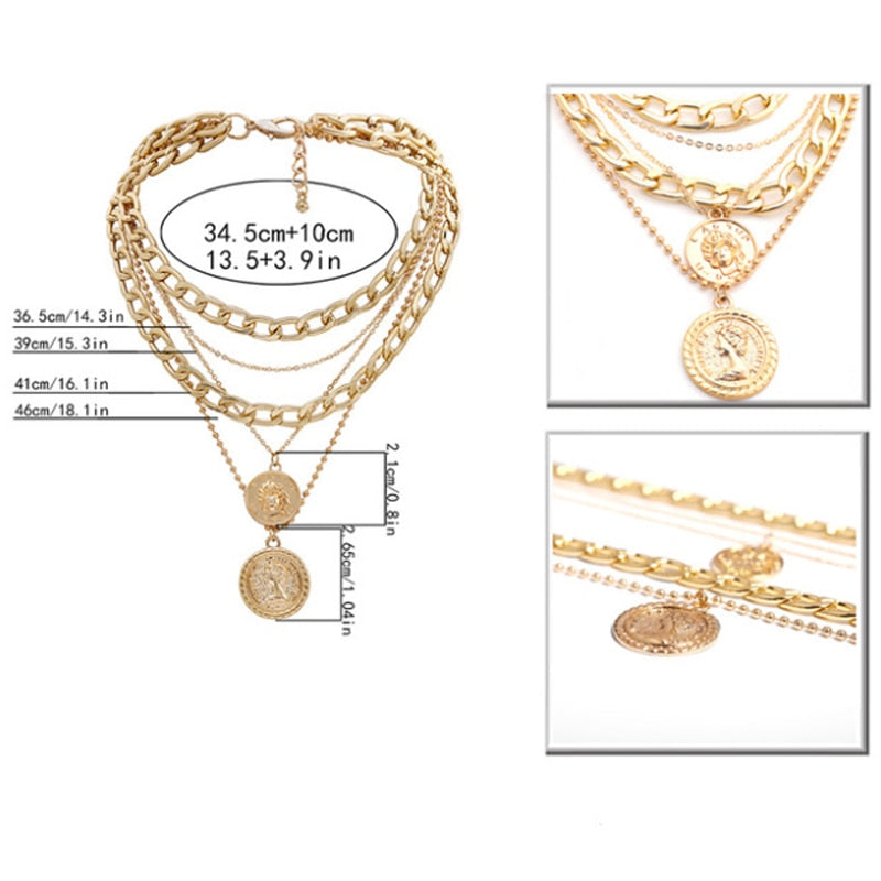 Women's Punk Multi Layer Curb Cuban Chunky Thick Portrait Choker Necklace Women Vintage Carved Coin Pendant Necklace Jewelry