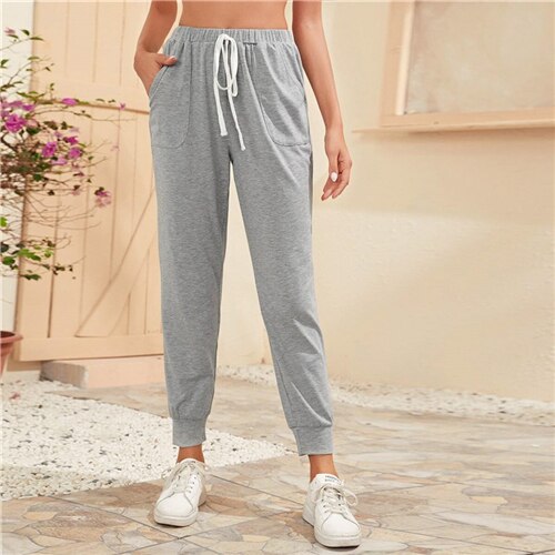 SHEIN Light Grey Knot Waist Slant Pocket Pants Women Summer Elastic Waist Ladies Casual Sporting Cropped Trousers Sweatpants