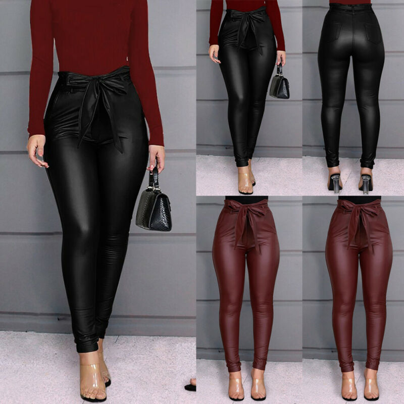 Hirigin Belt High Waist Pencil Pant Women Faux Leather PU Sashes Long Trousers Casual Sexy Exclusive Design Fashion Pants