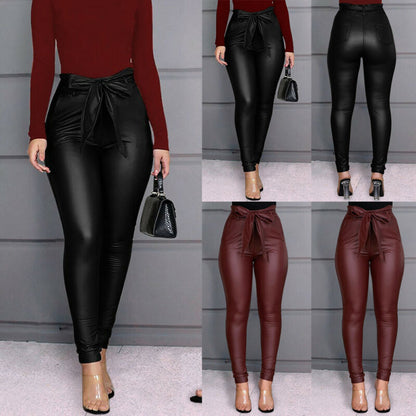 Hirigin Belt High Waist Pencil Pant Women Faux Leather PU Sashes Long Trousers Casual Sexy Exclusive Design Fashion Pants