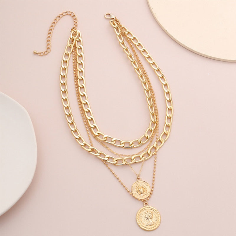 Women's Punk Multi Layer Curb Cuban Chunky Thick Portrait Choker Necklace Women Vintage Carved Coin Pendant Necklace Jewelry