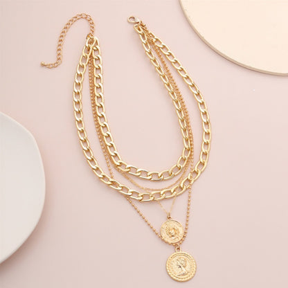 Women's Punk Multi Layer Curb Cuban Chunky Thick Portrait Choker Necklace Women Vintage Carved Coin Pendant Necklace Jewelry