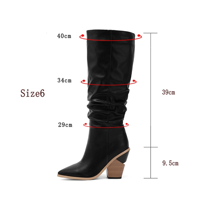 Black White Fashion Pleated Knee High Boots Women Pu Leather Wedges High Heels Long Boots Pointed Toe Autumn Winter Plush Shoes