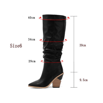 Black White Fashion Pleated Knee High Boots Women Pu Leather Wedges High Heels Long Boots Pointed Toe Autumn Winter Plush Shoes