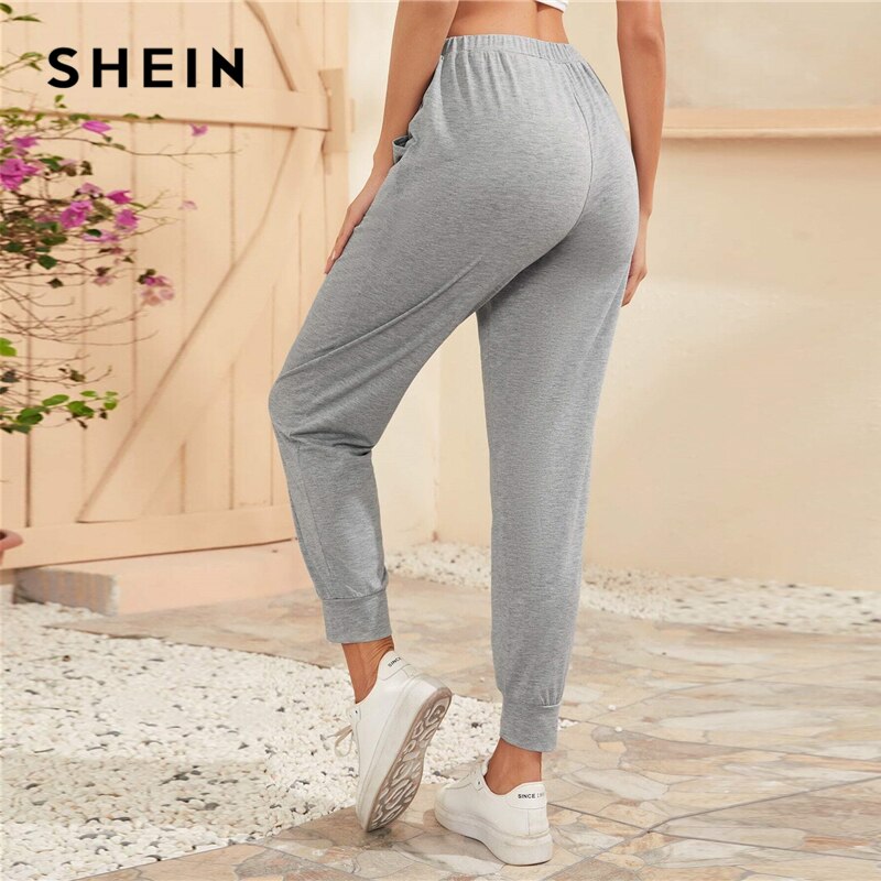 SHEIN Light Grey Knot Waist Slant Pocket Pants Women Summer Elastic Waist Ladies Casual Sporting Cropped Trousers Sweatpants