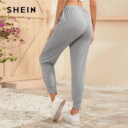 SHEIN Light Grey Knot Waist Slant Pocket Pants Women Summer Elastic Waist Ladies Casual Sporting Cropped Trousers Sweatpants