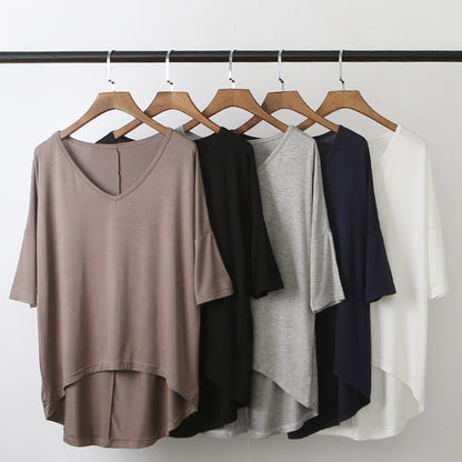 Women's Bat Sleeve T-shirt Korean Japan Style V-neck Solid Color Middle Sleeve Top Casual Summer Tee Large Size