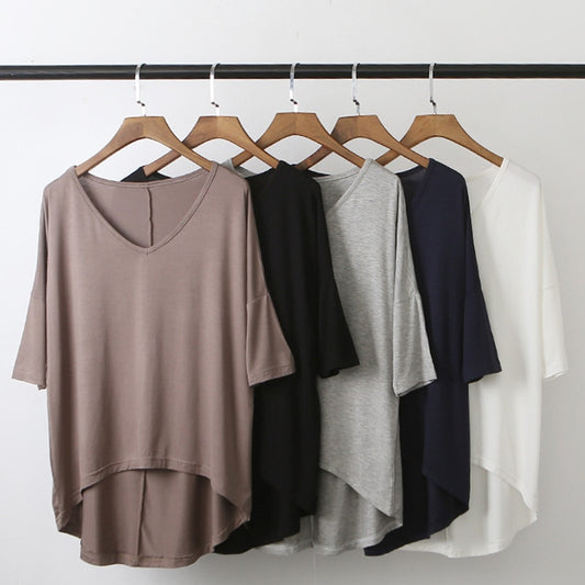 Women's Bat Sleeve T-shirt Korean Japan Style V-neck Solid Color Middle Sleeve Top Casual Summer Tee Large Size