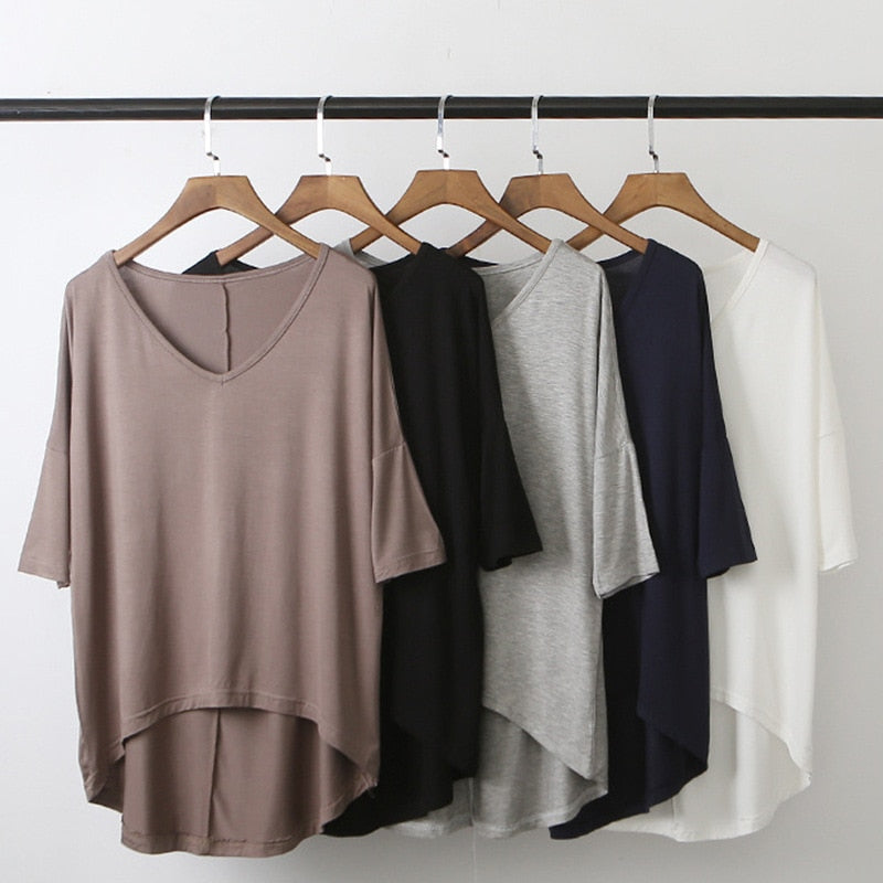 Women's Bat Sleeve T-shirt Korean Japan Style V-neck Solid Color Middle Sleeve Top Casual Summer Tee Large Size