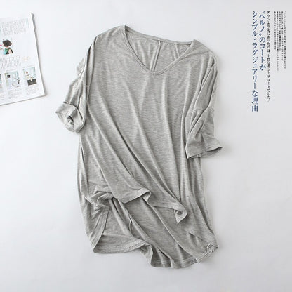 Women's Bat Sleeve T-shirt Korean Japan Style V-neck Solid Color Middle Sleeve Top Casual Summer Tee Large Size