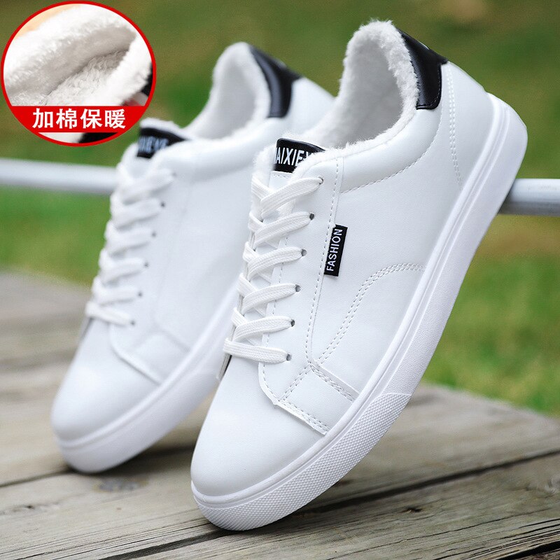 Men's White Sneakers Plus Velvet Warm Winter Shoes For Men Shoes Casual Lace Up PU Leather Ankle Boots