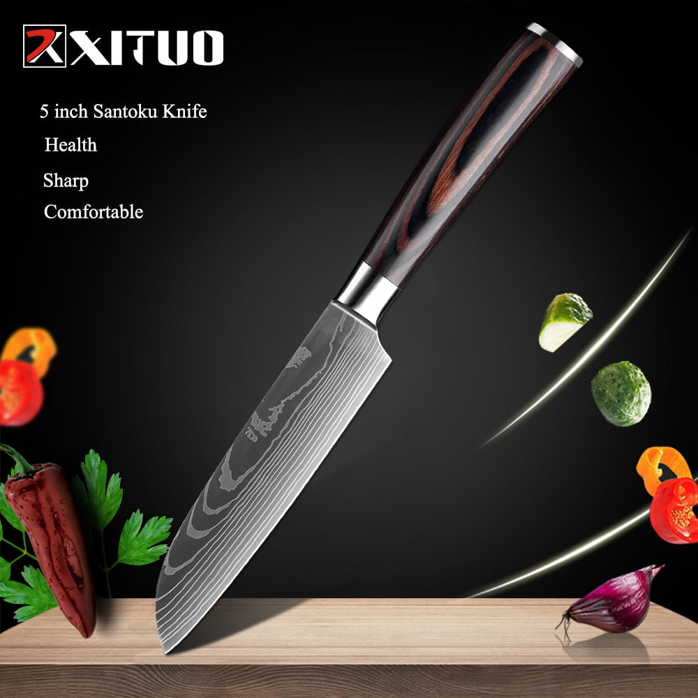 XITUO 8"inch japanese kitchen knives Laser Damascus pattern chef knife Sharp Santoku Cleaver Slicing Utility Knives tool EDC New