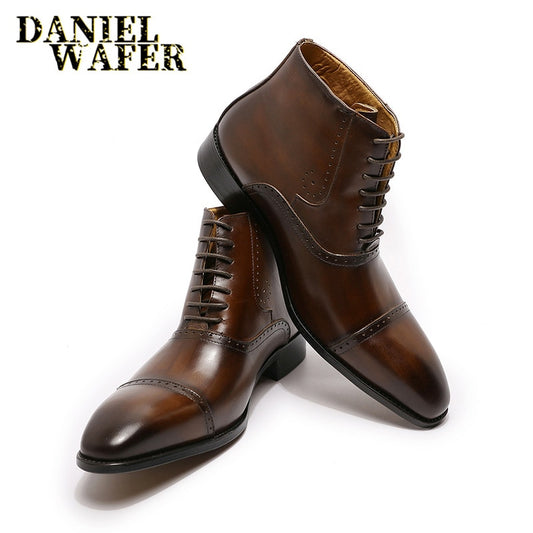 FASHION MENS ANKLE BOOTS FORMAL MEN DRESS GENUINE LEATHER SHOES WESTERN BOOTS BLACK BROWN CAP TOE LACE UP CASUAL BASIC BOOTS MEN