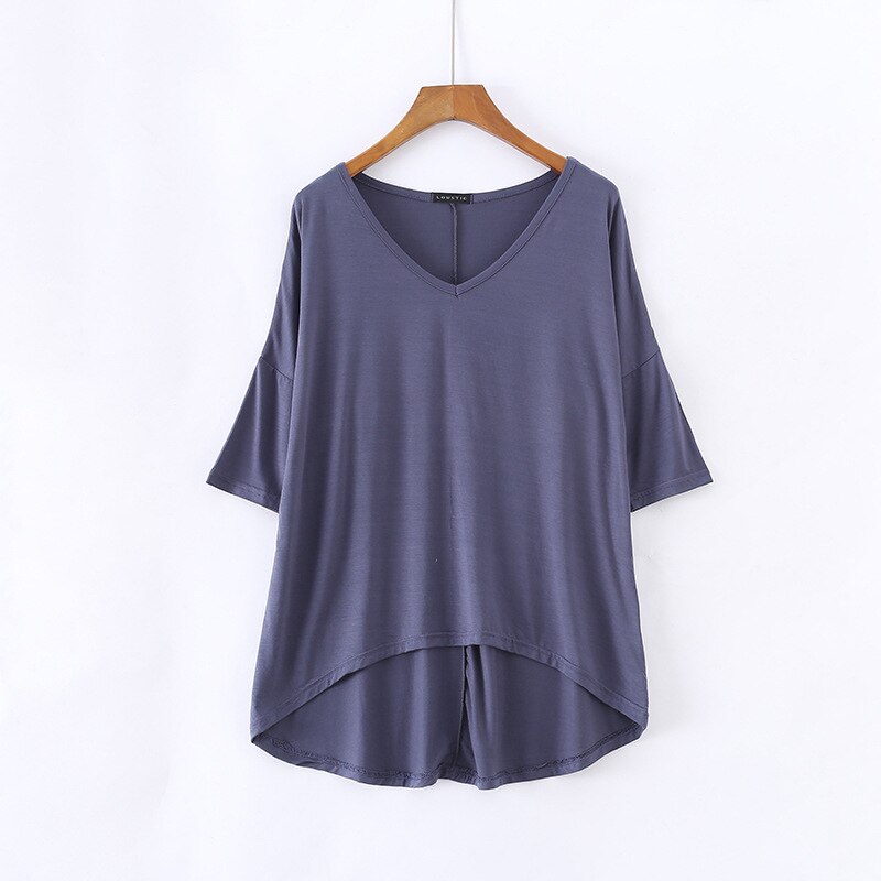 Women's Bat Sleeve T-shirt Korean Japan Style V-neck Solid Color Middle Sleeve Top Casual Summer Tee Large Size