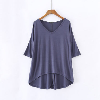 Women's Bat Sleeve T-shirt Korean Japan Style V-neck Solid Color Middle Sleeve Top Casual Summer Tee Large Size