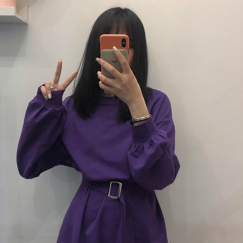 New Spring Autumn Dress Women With Belt Red Korean Dresses Woman Long Sleeve Solid Casual Short Dress Vestidos Mujer Robes