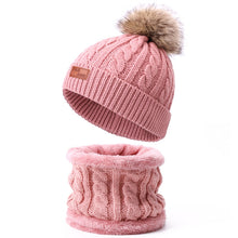 Load image into Gallery viewer, Two pieces Hat Scarf Set Beanie Cap Children&#39;s Hats Girls Caps Fake Ball Pompon Keep Warm Winter Knitted Skullies Kids Bone
